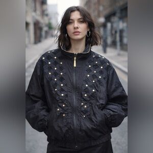 Vintage Adolfo Sport Black Studded Jacket ✨ 90s Statement Bomber Size M